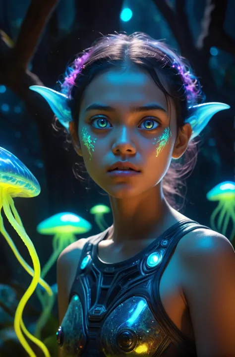 21 years old Tongan young woman exploring a bioluminescent alien world, semirealistic, colorful, vivid, sparkling eyes, regretfu...