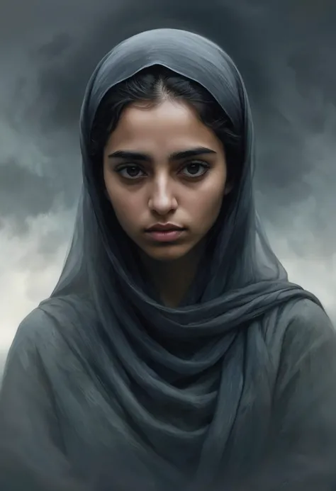 semirealistic digital painting of 21 years old Omani young woman, shadowy, dualistic, overcast, melancholy, eerie, unbearable, r...