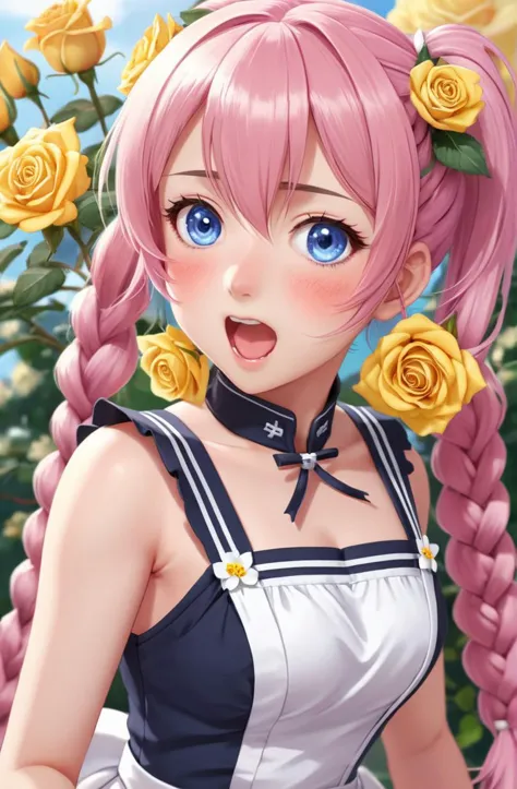 a stunning scene,  iesupa, blue eyes, blush, braid, commentary request, dress, flower, hair flower, hair ornament, highres, kantai collection, kotobuki momoko factory, long hair, looking at viewer, open mouth, pink background, pink hair, ponytail, solo, tenryuu kancolle, translated, twin braids, twitter username, upper body, white dress, yunamaro, yellow flower, yellow rose