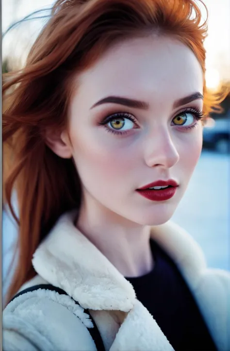 a close up of a woman with red hair and blue eyes