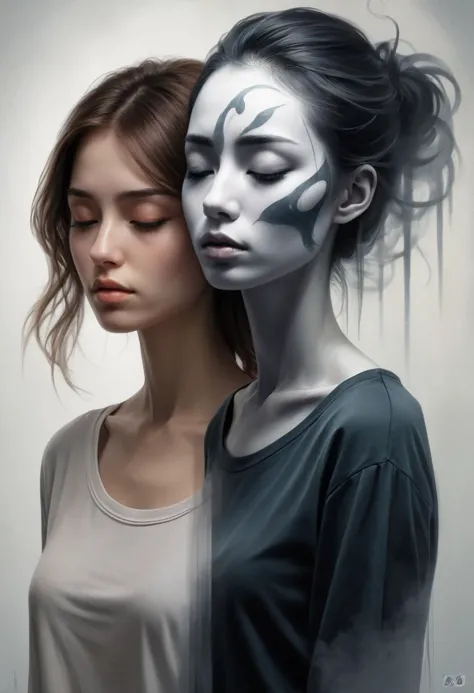 semirealistic digital painting of 21 years old young woman, shadowed, yin and yang, misty, mournful, cacophonous, unfree, artwor...