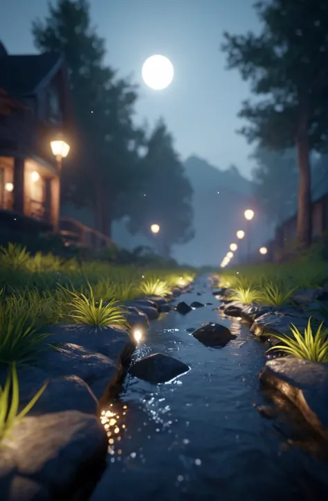 a stream running through a lush green forest at night