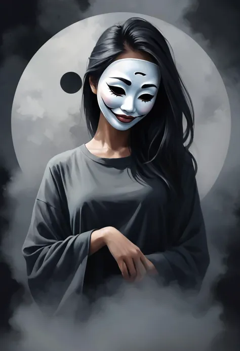 digital painting of 21 years old Malaysian young woman, shadowed, yin and yang, misty, mournful, depression, unfree, artwork, dainty, fake smile half mask,