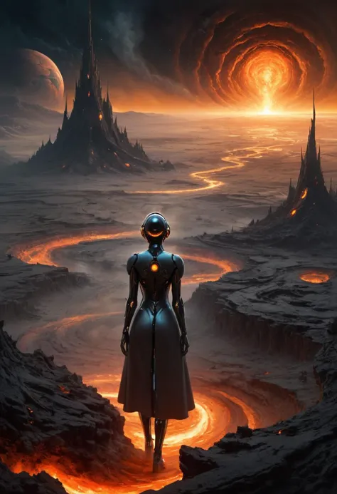 a woman in a futuristic suit stands on a rocky surface with a glowing orb in the background