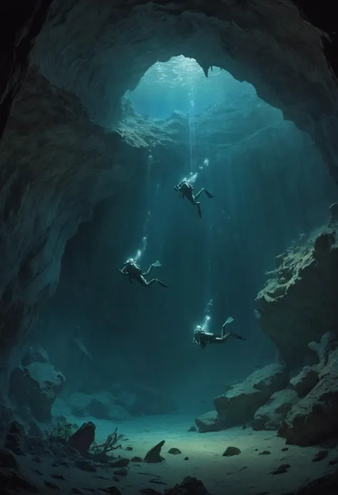 An underwater scene, where a group of divers explore a cavernous corroding cave that has been generating low-light hostility for...