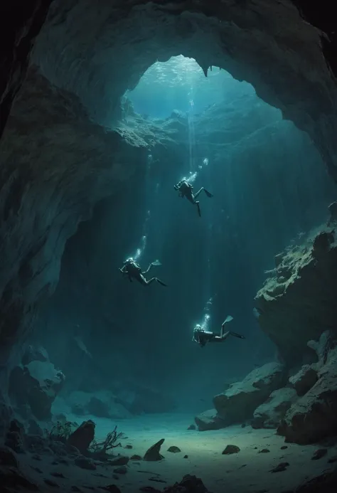 people swimming in a cave with a light shining through the water