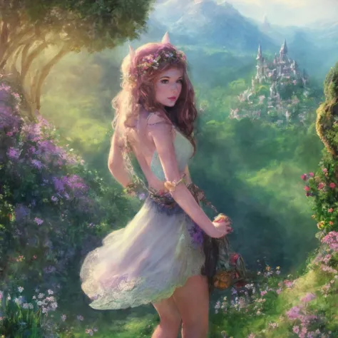 a bulky young woman in Fairyland: A place where fairies and other magical creatures live, extremely detailed, looking off into t...