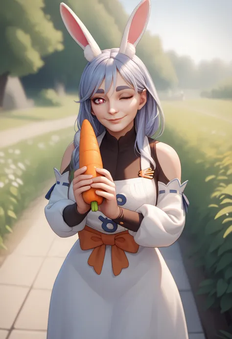 anime girl with bunny ears holding a carrot in a field