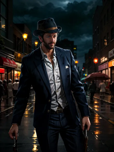 1boy, dark scene, (cowboy shot of Chris O'Dowd), pinstripe suit, fedora, tommy gun, 1930s, prohibition era, (realistic:0.8), (mid motion|speed lines:0.25), night city, (mist), particles, (light rain), male focus, night, outdoors, rain, serious, dark atmosphere, city lights, (reflective glass), 1932 Ford Model 18 V8, Chicago, detailed city background, dynamic pose, dramatic camera angle, (volumetric lighting), (best quality), intricate details, tonemapping, sharp focus, very detailed, trending on Artstation, ((empty hands)), (good composition), (good proportions), (good architecture), (award winning), (masterwork), (masterpiece), centered:0.15,  <lora:epiNoiseoffset_v2:0.42> <lora:Chris-O'Dowd-v10:0.7>