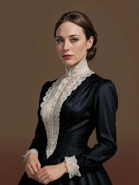 a woman in a black dress with a white lace collar