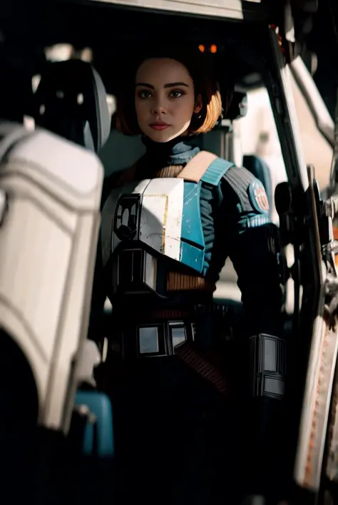 1 woman, bokatan, armor, <lora:ARWbokatan:1> cockpit view, low light, in rebel pilot suit, Photorealistic, Hyperrealistic, Hyperdetailed, analog style, hip cocked, demure, low cut, detailed skin, matte skin, soft lighting, subsurface scattering, realistic,...