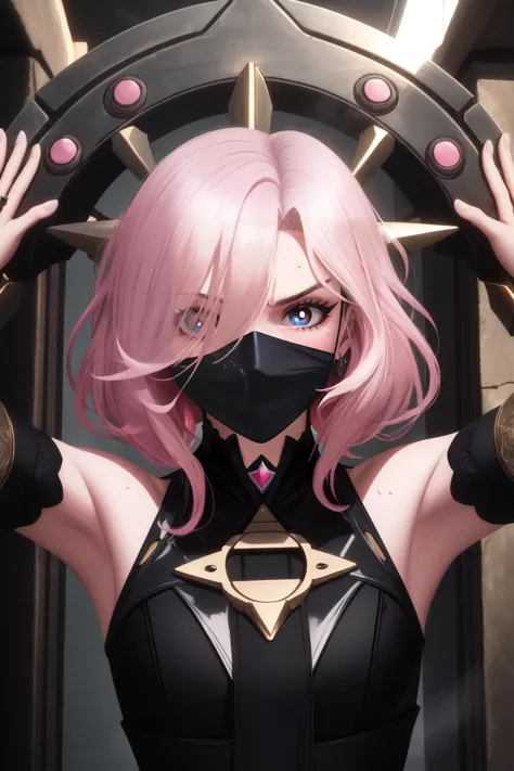 (masterpiece, best quality),  intricate details,
1girl,    <lora:BriarV2:0.8> pink sclera,hands up, head shackles,black clothes,white short hair with pink streaks
 <lora:overthenose7:0.8> over the nose gag, black gag, 
 <lora:dungeon_v2.0:0.8> dungeon, sweating, glaring,