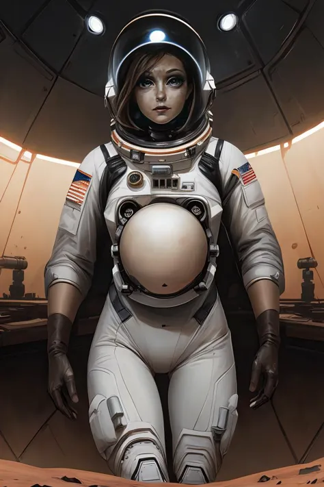 a close up of a woman in a space suit standing in a room