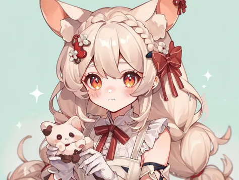 anime girl with long hair and a cat ears holding a stuffed animal