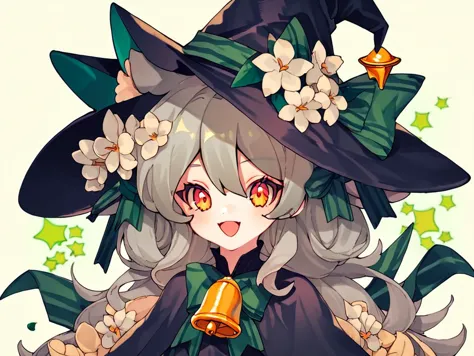 anime girl in a witch costume with a bell and flowers