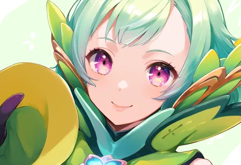 anime girl with green hair and purple eyes holding a green leaf