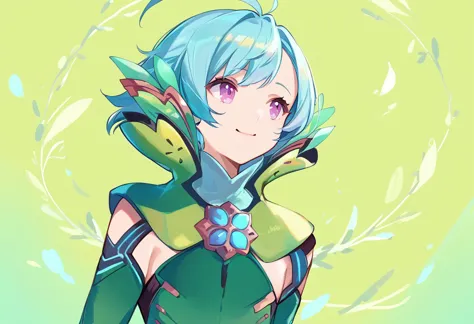 anime girl with blue hair and green outfit standing in front of a circular background