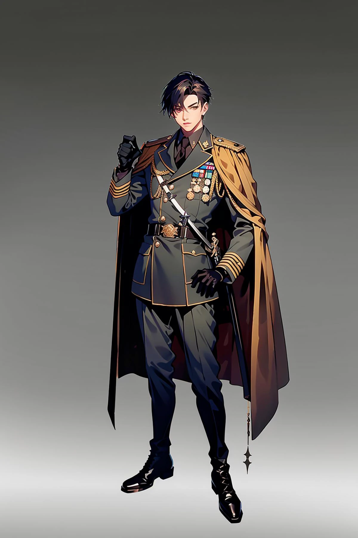 Concept art, standing figure painting, 1boy, solo, gloves, male focus, black gloves, cape, uniform, weapon, military, full body, military uniform, boots, sword, sheath, gradient background, gradient, standing, sheathed, black footwear, belt, black hair, looking at viewer, necktie, pants, grey background, black necktie, short hair, long sleeves, simple background, hand on hip