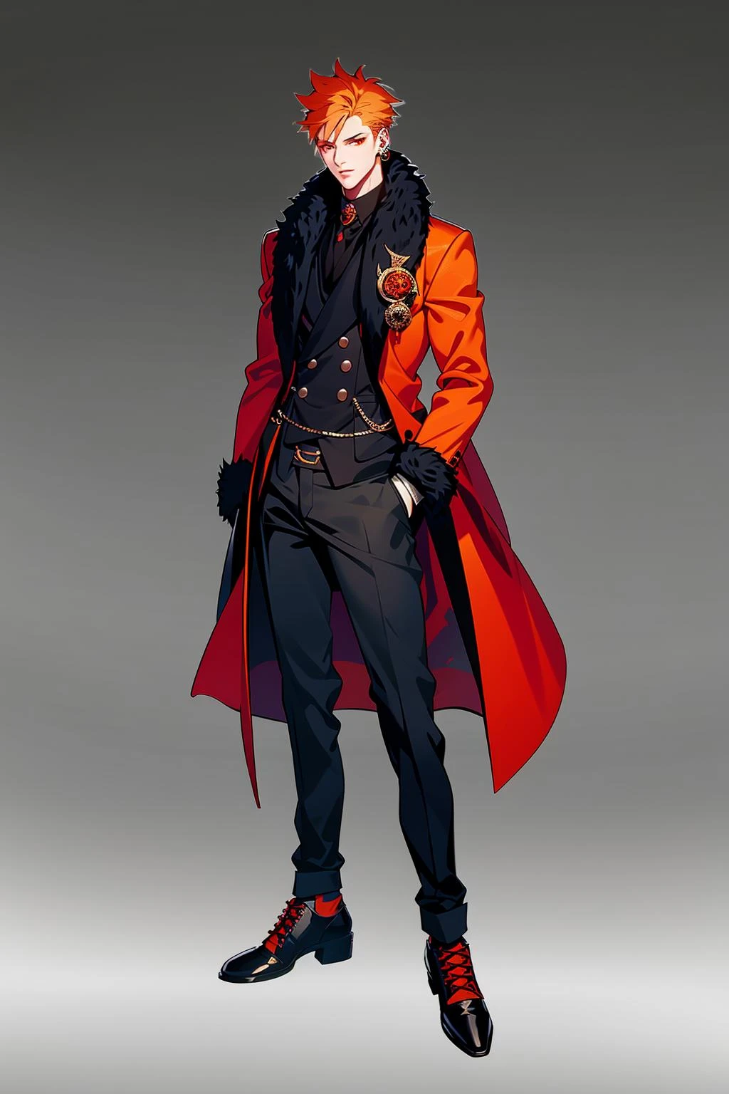 Concept art, standing figure painting, 1boy, male focus, solo, gradient, gradient background, full body, fur trim, hands in pockets, gloves, black pants, standing, jewelry, orange hair, black footwear, pants, red eyes, red gloves, jacket, looking at viewer, formal, earrings, grey background, shirt, shoes