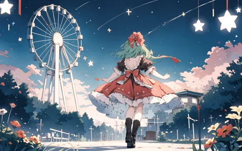 (masterpiece,best quality,incredibly absurdres,absurdres,highres),
landscape,wide shot,ferris wheel,detailed ferris wheel,night,sky,night sky,stars,
(1girl:1.3),back,back focus,from behind,facing away,full body,standing on one leg,balancing,spread arms,outstretched arms,
<lora:KagiyamaHina:0.8>,kagiyama hina,ribbon,frills,
green hair,
hair ribbon,bow,hair bow,red bow,frilled bow,
dress,red dress,frilled dress,
short sleeves,arm ribbon,frilled sleeves,puffy sleeves,puffy short sleeves,
boots,cross-laced footwear,cross-laced footwear,black footwear,