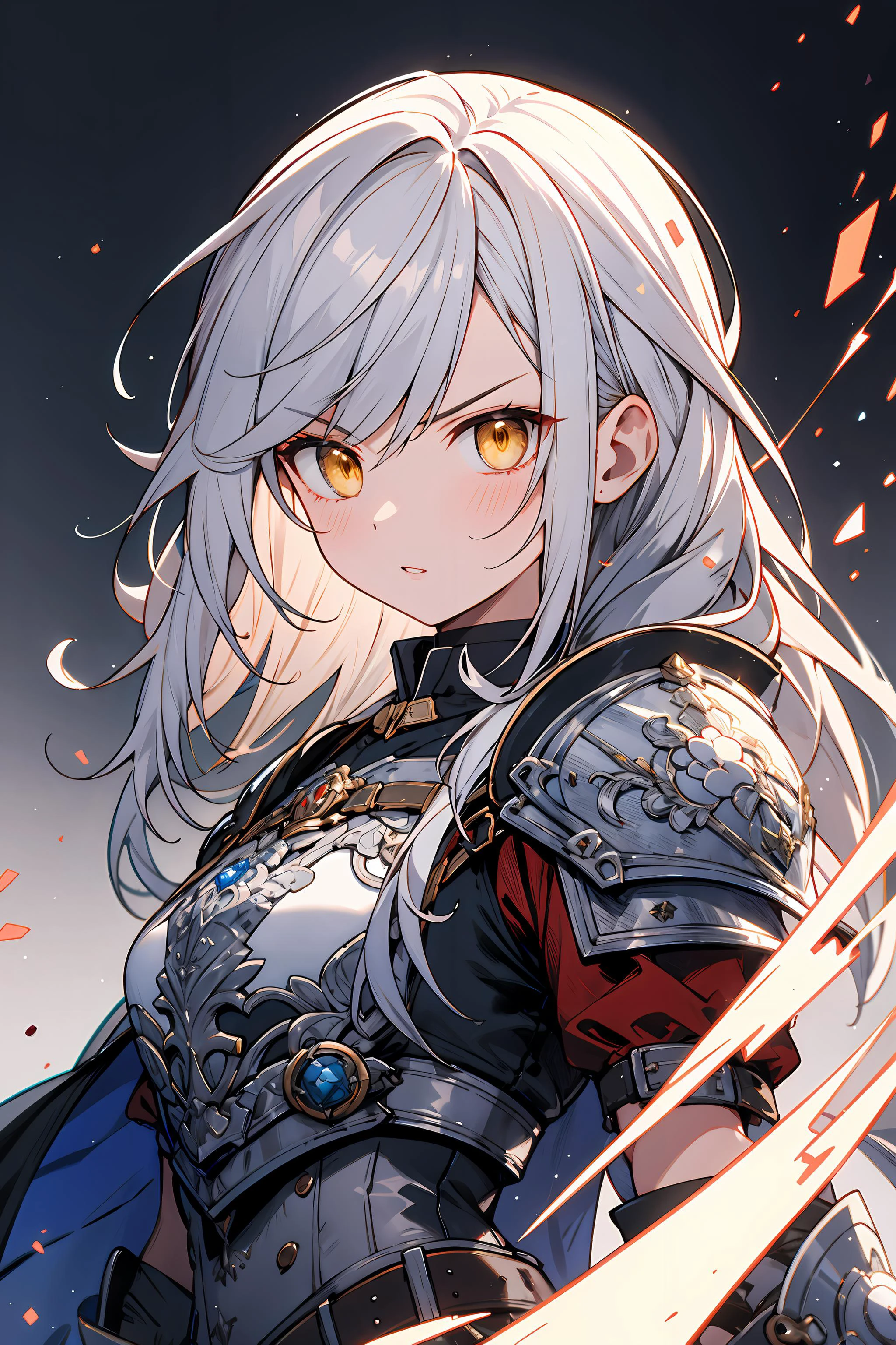 (masterpiece:1.2), best quality, high-res, HDR, perfect face, serious face, long silver hair, yellow eyes, mechanical white armor, intricate armor, delicate blue filigree, intricate filigree, red metalic parts, detailed part, medieval background landscape, dynamic lights,