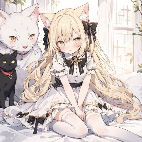 Girl with long blonde hair, white bow, cat ears, long white dress, shy face, yellow eyes, white thighhighs,