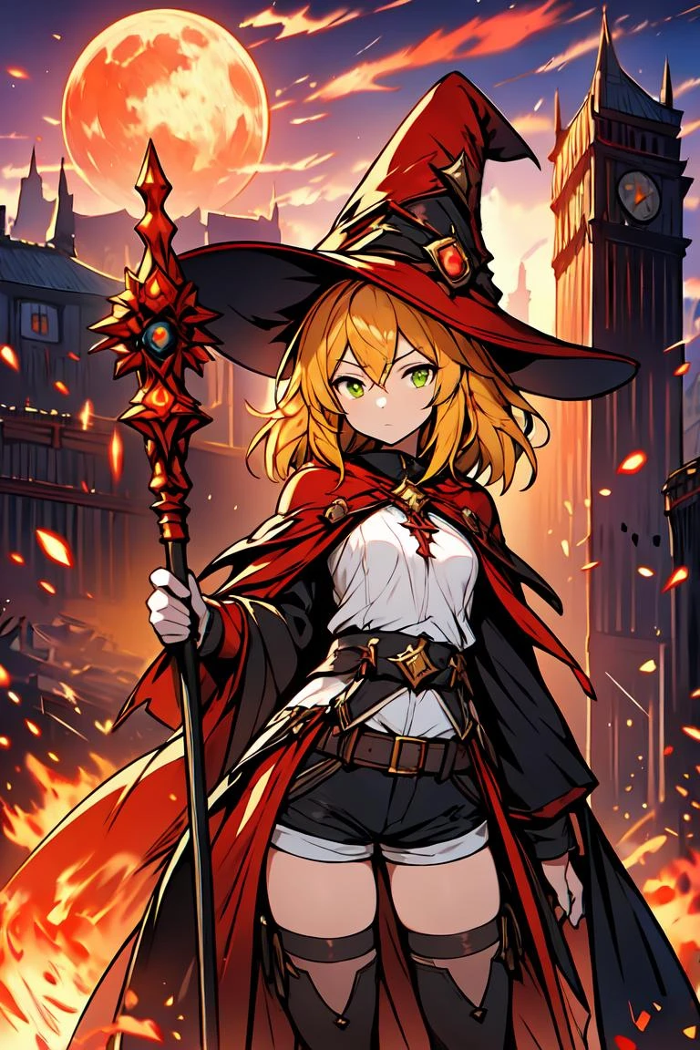 masterpiece, best quality, game cg, absurdres, HDR, UHD, 8K, 1girl, solo, medium hair, yellow hair, green eyes, expressionless, cowboy shot, looking at viewer, black castle background, standing, red and white magic robe, closed mouth, long sleeves, small breasts, wizard hat, holding staff, golden trim, holding staff, cold attitude, fire, flames, fire magic, red haze, moon, clouds, dark sky, shorts, thigh high
