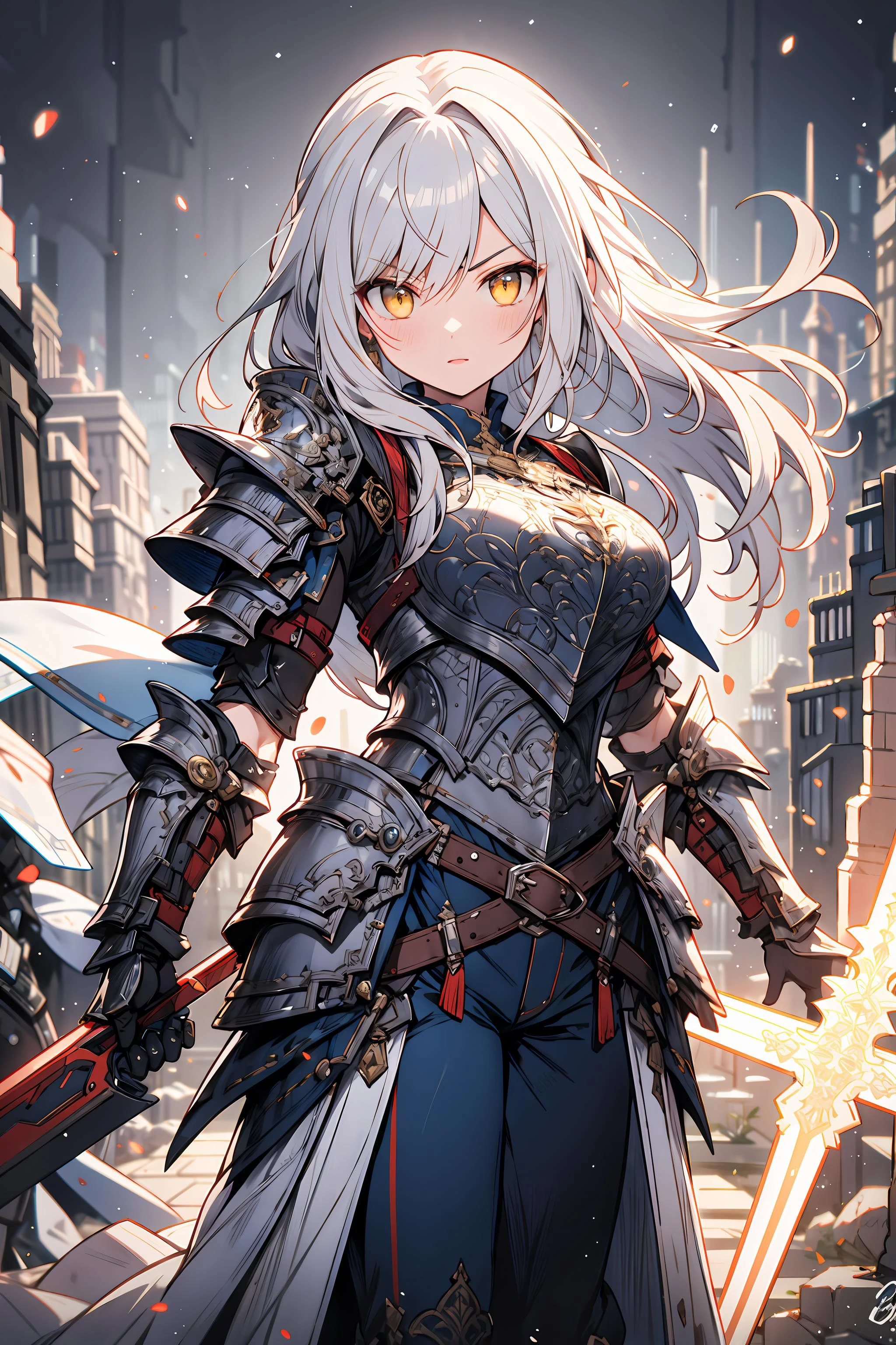 (masterpiece:1.2), best quality, high-res, HDR, perfect face, serious facer, long silver hair, yellow eyes, mechanical white armor, intricate armor, delicate blue filigree, intricate filigree, red metalic parts, detailed part, dynamic pose, dynamic lights,