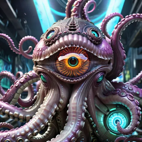 ((Illuminati:1.2)) Octopus-tentacles (Immense detail) (android, cyborg) ((all-seeing eye):1.3) Morphing Hypnotic deep-state illustration (psychedelic art) surrealism, dark and evil glow, glow neon paint, defined sharp edges, mystical,  (Multi-dimensional:1.2) <lora:SciFi_XL_V1:0.8> scifi