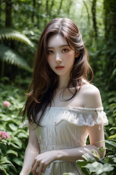 (realistic), (hyperrealism),best quality, masterpiece,ultra high res, (photorealistic:1.4),1girl,pale skin,skinny,(looking at viewer:2), <lora:add_detail:0.6>,forest, flowers, sunlight,
<lora:makina69_sunmi_v1.0:1>   , (tattered) wedding dress , bare shoul...