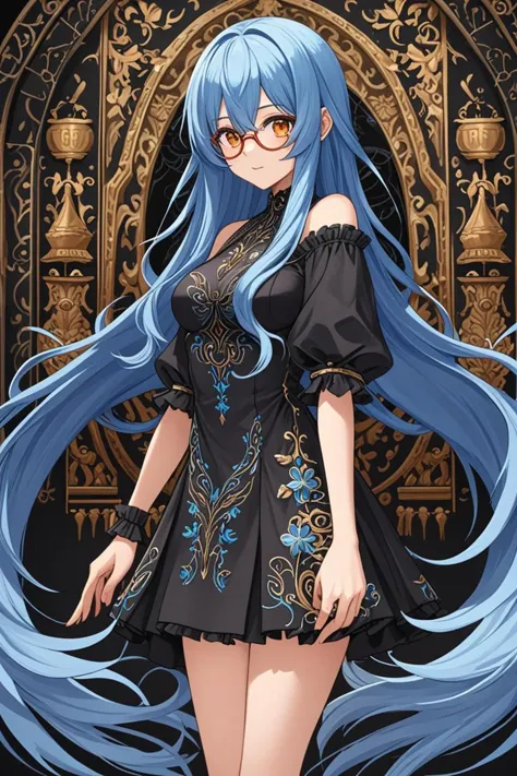 a very long wavy azure blue hair and amber glasses in a in front of a black background in the style of dry brush, intricate envi...