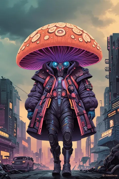 a fungal god and maximalist fashion dress in a apocalyptic sky in the style of blade runner 2049 colors, ominious, <lora:sdxl_li...