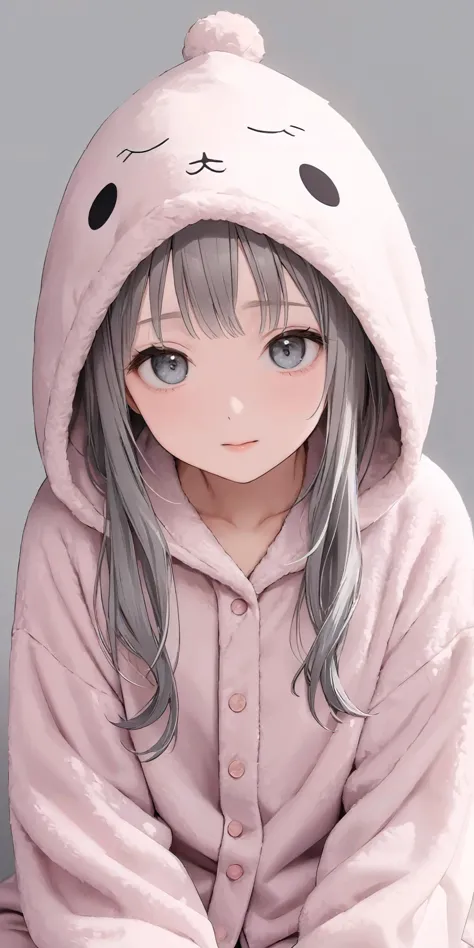 masterpiece,ultra-detailed,best quality,8K,illustration,simple background,cute face,clean skin ,shiny hair,girl,ultra-detailed-eyes, <lora:add-detail-xl:1>,  <lora:pajamas_XL_V2.0:1.2> jyojifuku, pajamas,wool,hood