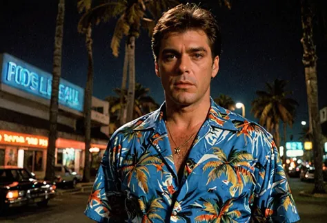 80s crime drama,ray liotta,blue hawaiian shirt with bold colors and patterns,jeans, miami strip at night,neon lights and palm tr...