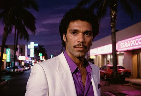 80s crime drama, philip michael thomas, white suit with a purple shirt, high top hair,mustache, miami strip at night,neon lights...