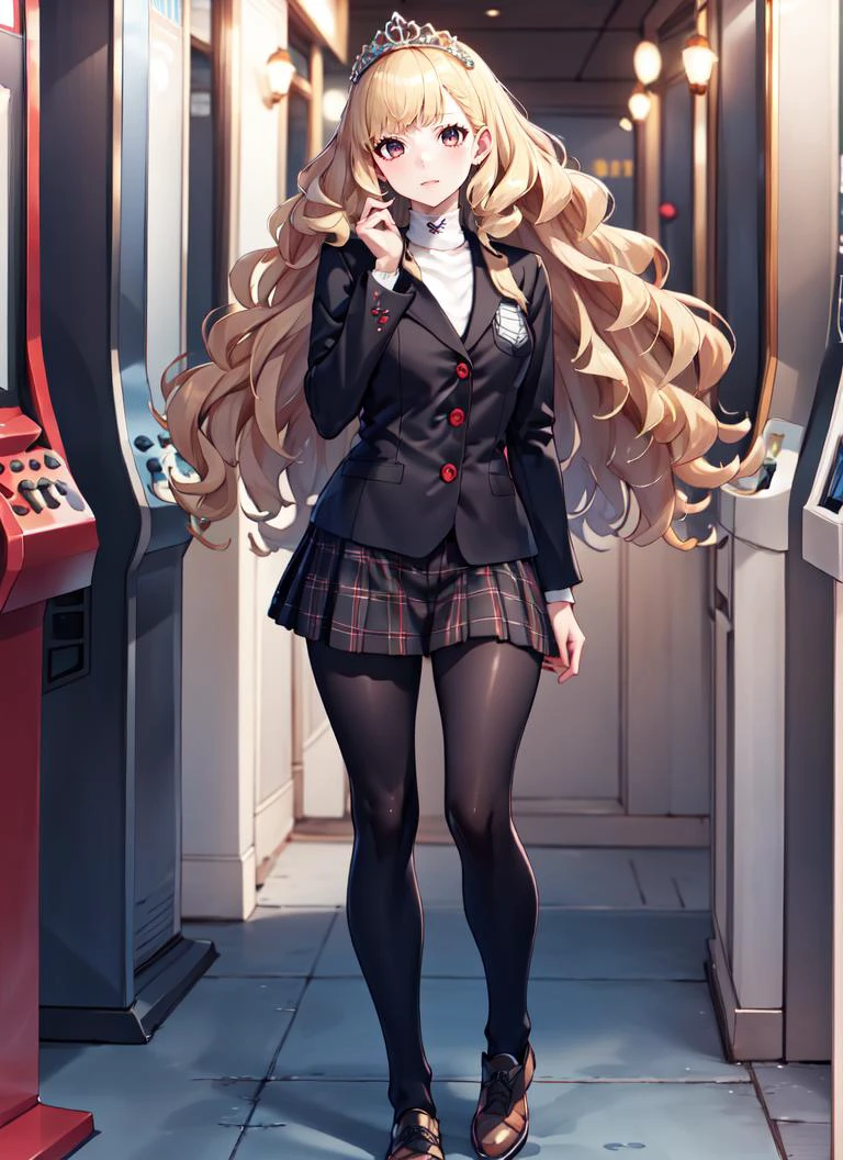 ((best quality)), ((highly detailed)), masterpiece, extremely detailed face, beautiful face, , (1girl), dynamic pose, full body, GirlUniform, shuujin academy , black jacket, plaid skirt, princess, ((very long hair)), big hair, curly hair, blonde hair, large dress, (maxiskirt), tiara, (indoors, in an arcade)