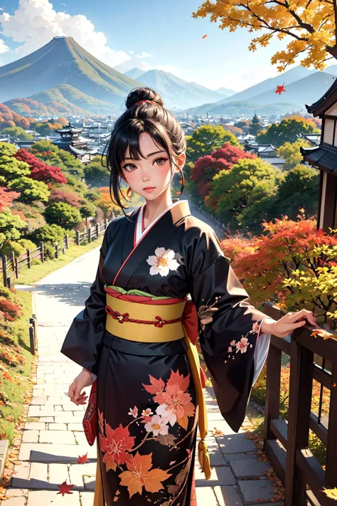 offizielle Kunst, schöne Frau, Kyoto: Die geheimnisvolle Welt der Kyoto-Architektur, malen kimono, schwarzes Haar, Haarknoten, Blume japanische Haarnadel, Cowboy-Schuss, draußen, Herbst, Farbige Blätter, Herbstblätter, Gefallene Blätter, Blumenfelder, Pfade, Berge, die in der Ferne ihre Farbe ändern