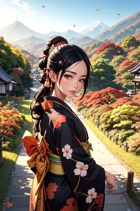 arte oficial, Mujer hermosa, Kioto, Pintar kimono, pelo negro, Moño, horquilla japonesa de flores, tiro de vaquero, Al aire libre, otoño, hojas de colores, hojas de otoño, Hojas caídas, campos de flores, caminos, montañas cambiando de color en la distancia