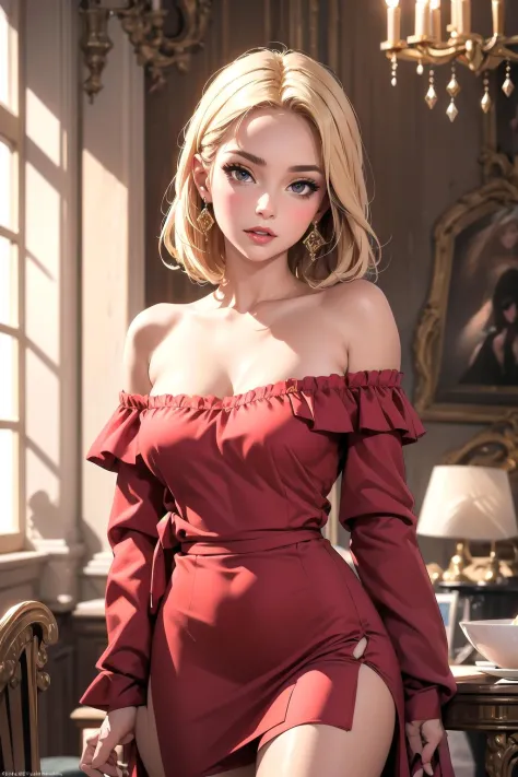 Beautiful woman, off-shoulder dress, inside the palace