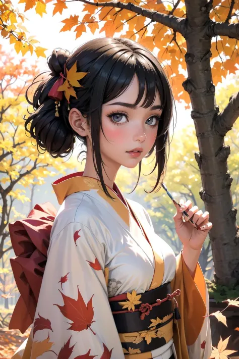 Beautiful woman, paint kimono, outdoors, autumn, autumn leaves, fallen leaves,