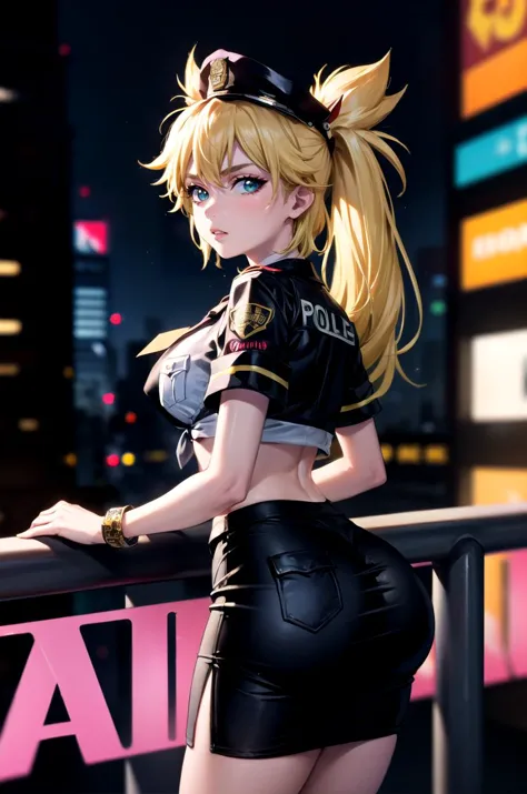 (masterpiece, best quality, detailed), 1girl, solo, looking at viewer, ninny, twintails, blonde, 
policewoman, police uniform, police hat, necktie, pencil skirt, armband, breast pocket, outdoors, cyberpunk, city, night, city lights, neon lights, graffiti, <lora:ass_support_object_v0.2:1.5>, ass support, railing, parted lips