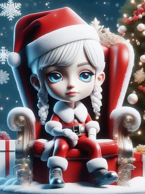 masterpiece, best quality, ultra-detailed,
1woman,  chibi, modern pageboy haircut with bangs, blue eyes, white hair,  red santa ...