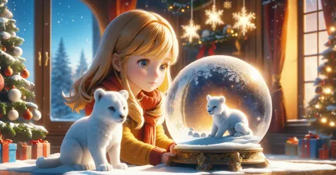 a girl is looking at a snow globe with two polar bears