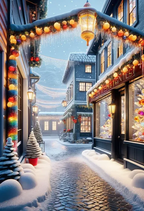 The detailed village glows with warm golden light from colorful Extravagance Christmas Lights hung along detailed cobblestone streets, reflecting off freshly fallen snow creating a surreal wintry fairytale atmosphere,Store front, frosty glass, Sharp and in focus,8k, Moody lighting, (art by Huang Guangjian:0.8) and (Marc Davis:0.8), Friarmoody lighting,Bloom light,studio lighting,Moody lighting masterwork Redshift render,  <lora:SDXLFestiveSnow:0.8>, snow mode,snowing,