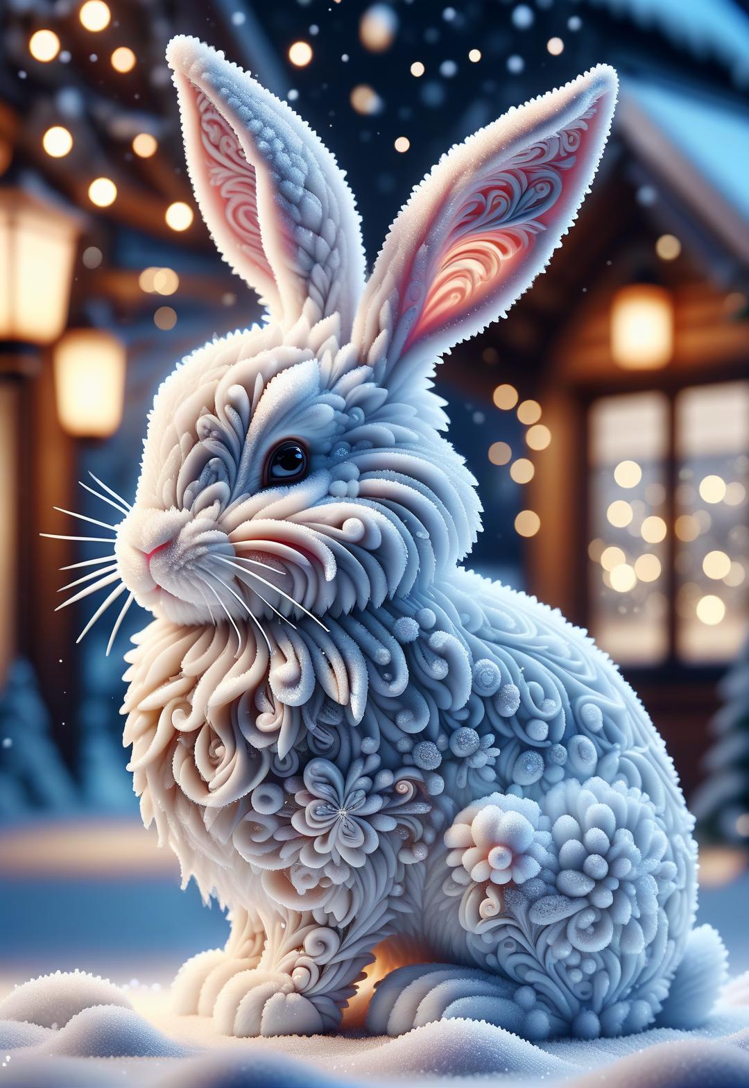 A white rabbit sitting in the snow next to a house - SeaArt AI