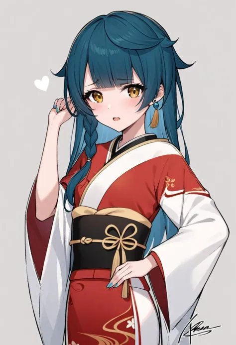 1girl,genderswap (mtf),xingqiu (genshin impact),blush, embarrassed, hand on own hip, hands on own hips, looking at viewer, open mouth, side braid, solo,bow, japanese clothes, kimono, nail polish, obi, sash,from side, grey background, heart, signature, simple background, upper body,small breasts,earrings,long hair,yellow eyes,blue hair,
masterpiece,best quality,absurdres,<lora:OC-a31-xingqiu-girl:0.8>,