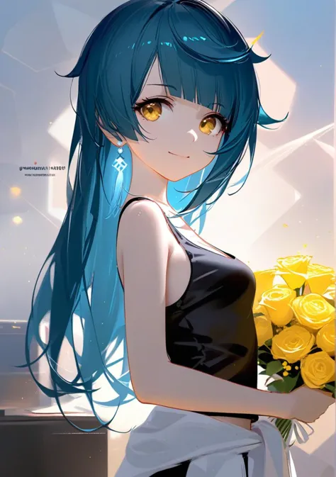 1girl,(xingqiu \(genshin impact\):0.8),(genderswap \(mtf\):1.2),blue hair,yellow eyes,(long hair:1.1),earrings,small breasts,clo...