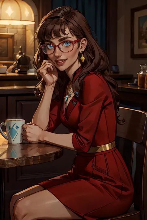 holly, long brown hair,blue eyes,earrings,bangs, red glasses, red suit, necklace, dress skirt, looking at viewer, smiling, upper body shot,  sitting behind a table, inside a cozy cafe, holding a coffee mug, soft lighting, high quality, masterpiece, <lora:w...