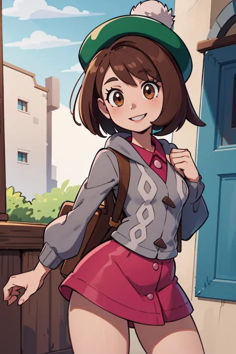 ((masterpiece,best quality)), absurdres,  <lora:gloria_(pokemon)_v1:0.7>,  gloria \(pokemon\), brown hair, solo, backpack, brown eyes, tam o' shanter, grey cardigan, pink dress, short hair, green socks, socks, brown bag, bob cut, bangs, long sleeves, collared dress,  solo, smiling, looking at viewer, cowboy shot,  cinematic composition, dynamic pose, contrapposto,