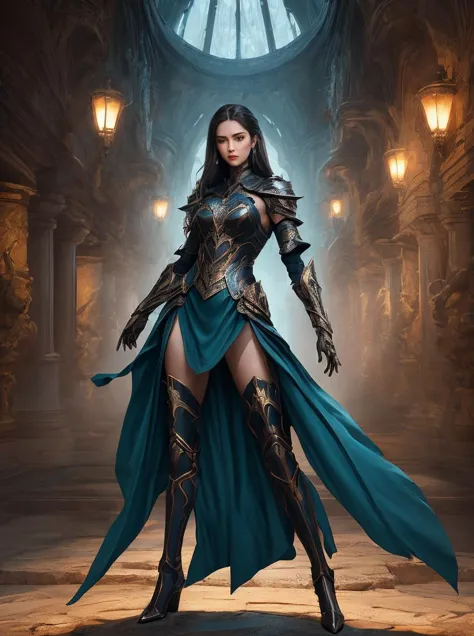 mysterious [girl|woman] in arcane [outfit|armor], long legs, wide stance, action pose, [elevate the quality to a professional le...